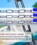Close-up of 304 stainless steel chain showing 5mm thickness, labeled for corrosion and anti-rust, used for anchor or pet chains.