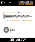 Detailed view of #10x2 Stainless Steel Deck Screws, 304 Grade with T25 Star Drive Bit, dimensions and design shown.