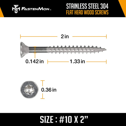 Detailed view of #10x2 Stainless Steel Deck Screws, 304 Grade with T25 Star Drive Bit, dimensions and design shown.