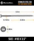 #10 x 3-1/2 Stainless Steel Deck Screws, 304 Grade, 300 PCS with T25 Star Drive Bit - Ideal for Outdoor Wood Projects