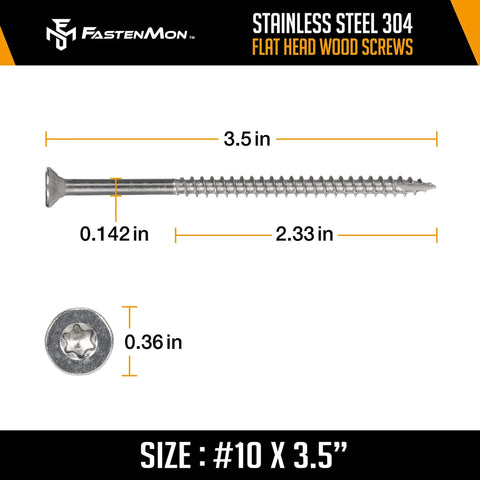 #10 x 3-1/2 Stainless Steel Deck Screws, 304 Grade, 300 PCS with T25 Star Drive Bit - Ideal for Outdoor Wood Projects