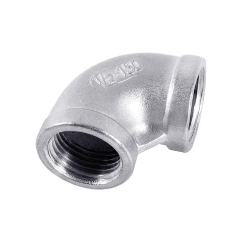 Close-up of JoyTube Stainless Steel 304 Cast Pipe Fitting One Half Inch To One Half Inch Female To Female NPT Threaded 90 Degree Elbow
