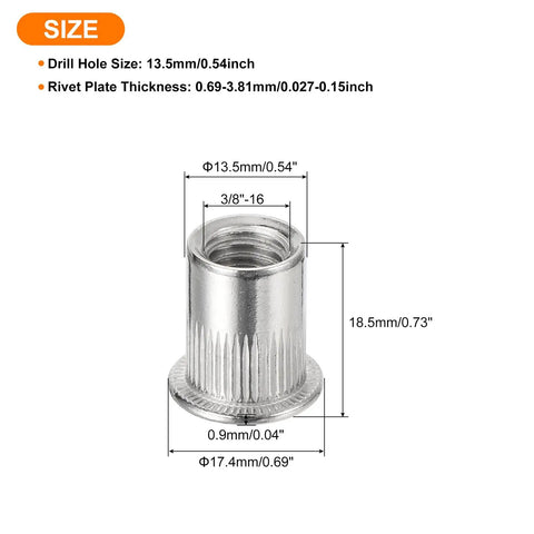 Rivet Nut Set Flat Head 3/8-16 Stainless Steel 304 Threaded Inserts Knurled Body, 50 Pcs Pro Grade, size dimensions shown