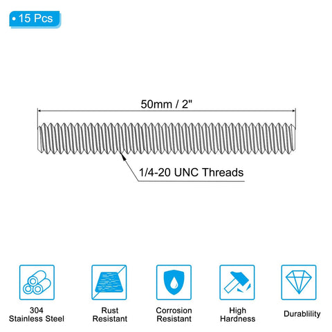 Durable 304 stainless steel 1/4-20 UNC fully threaded rods, 15 pieces at 2 inches each, shown with measurement details.