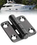 Close-up of AKLOSIPY stainless steel butt hinge, 316 marine-grade, 38mm x 38mm, black finish.