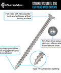 #10 x 3 Marine Grade Type 316 Stainless Steel Wood Screws - 300 Pack with T25 Bit - Torx Flat Head Type 17 Point Ideal for Decks, Fences, and Coastal Construction.