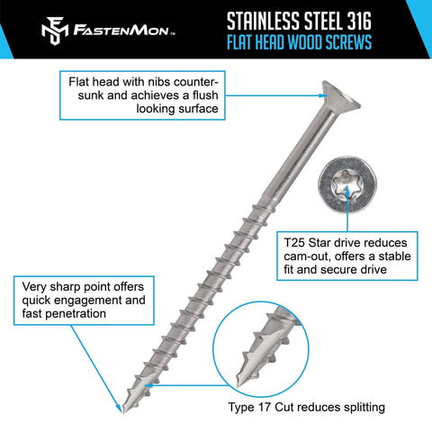 #10 x 3 Marine Grade Type 316 Stainless Steel Wood Screws - 300 Pack with T25 Bit - Torx Flat Head Type 17 Point Ideal for Decks, Fences, and Coastal Construction.