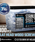#10 x 3 Marine Grade Type 316 Stainless Steel Wood Screws - 300 Pack with T25 Bit - Torx Flat Head Type 17 Point Ideal for Decks, Fences, and Coastal Construction.