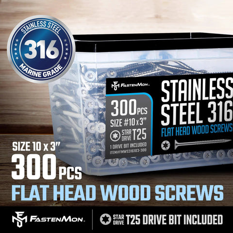 #10 x 3 Marine Grade Type 316 Stainless Steel Wood Screws - 300 Pack with T25 Bit - Torx Flat Head Type 17 Point Ideal for Decks, Fences, and Coastal Construction.