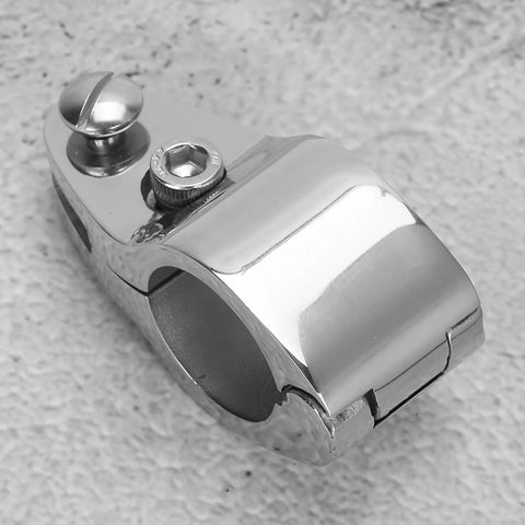 Close-up of stainless steel hinged upper jaw slide hardware for 20mm boat rail, marine grade