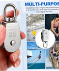 Hand holding 3pcs Stainless Steel Pulley Single Block Heavy Duty Cable Pulley for Rope Swivel Roller, with usage examples shown.