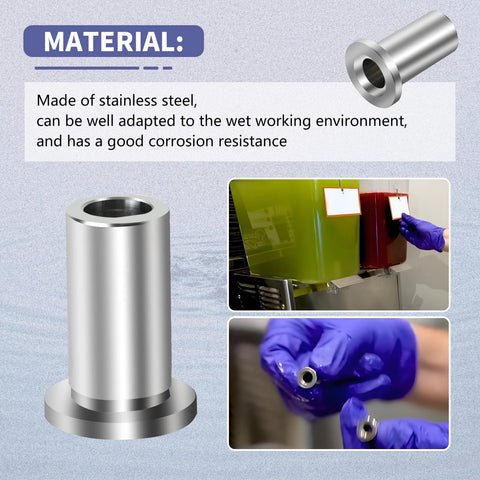 Stainless steel bearing sleeve for 3220 D&E beverage dispensers with corrosion resistance, shown with juicer and close-up view.