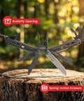 33-In-1 Stainless Steel Multitool with pliers, knife, saw, and more on a tree stump, for camping and hiking.