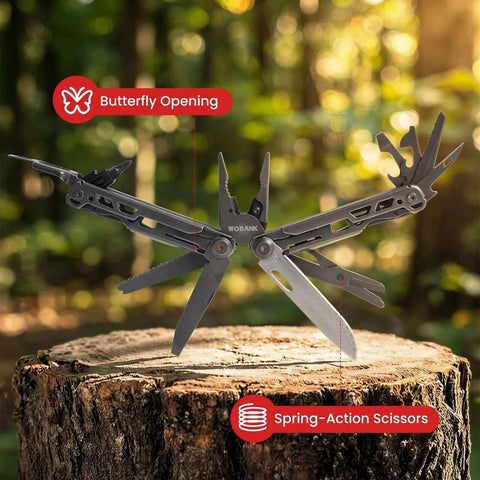 33-In-1 Stainless Steel Multitool with pliers, knife, saw, and more on a tree stump, for camping and hiking.