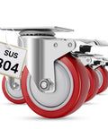 Stainless steel 4 inch heavy duty caster wheels with brakes, 304 rust proof swivel casters in close-up view.