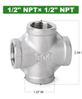Two Pack Stainless Steel Four Way Pipe Fittings NPT Female Cross For One Half Inch Pipe Connections 304 Stainless Steel Front View