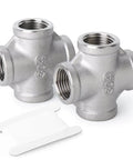 Two Pack Stainless Steel Four Way Pipe Fittings NPT Female Cross For One Half Inch Pipe Connections with sealing tape.