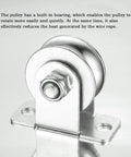Close-up of Cable Pulley 48mm Wheel Wall Mount, Bearings Inside, Stainless Steel Rope Pulley for Pulley System, Sliding Gate, Load 1100 LB, 1Pcs.