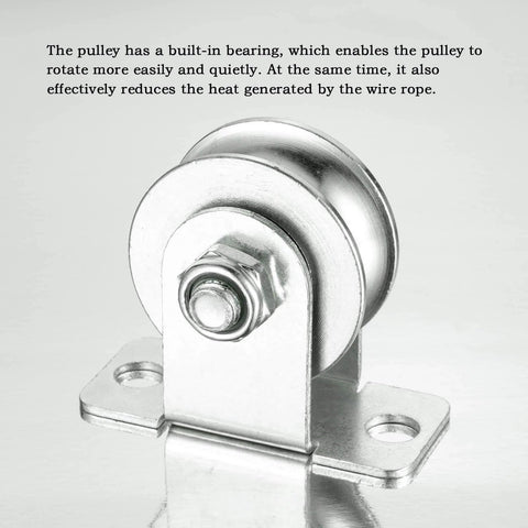 Close-up of Cable Pulley 48mm Wheel Wall Mount, Bearings Inside, Stainless Steel Rope Pulley for Pulley System, Sliding Gate, Load 1100 LB, 1Pcs.