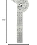 Compact stainless steel 6 in 1 pocket ruler and gauge combines drill point gauge, bevel protractor, center finder, circle divider, and tap and drill table with etched 64ths and millimeters