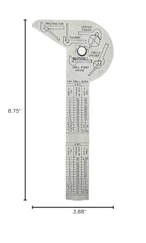 Compact stainless steel 6 in 1 pocket ruler and gauge combines drill point gauge, bevel protractor, center finder, circle divider, and tap and drill table with etched 64ths and millimeters