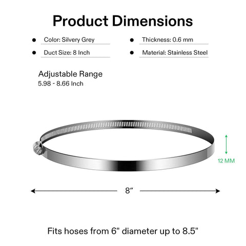 Stainless Steel Air Ducting Clamps Set Of 2, Adjustable 8 Inch Hose Clamps With Worm Drive, Silvery Grey, Product Dimensions