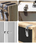 90 Degree Stainless Steel Box Latch Set With Keyhole for Cabinets and Barn Doors, shown installed on wood and metal surfaces.