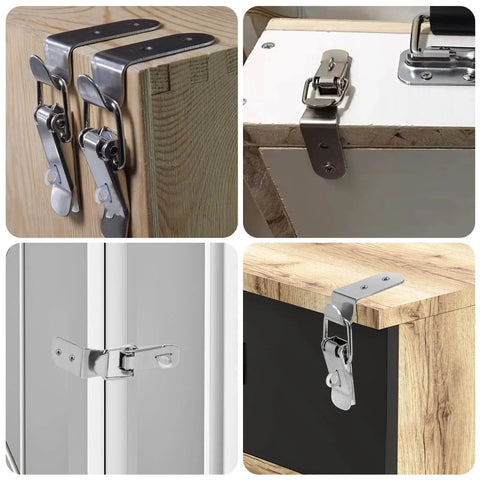 90 Degree Stainless Steel Box Latch Set With Keyhole for Cabinets and Barn Doors, shown installed on wood and metal surfaces.