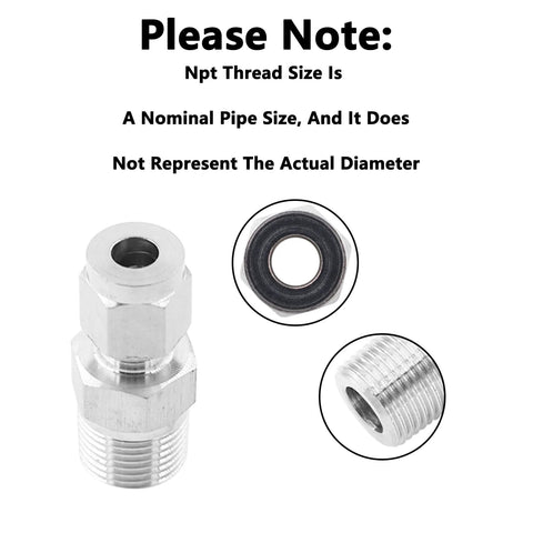 304 Stainless Steel Compression Fittings Imperial Straight Adapters NPT Three Eighths To One Quarter Inch with thread details