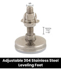 Beefy Stainless Steel Outdoor Leveler Kit showing an adjustable 304 stainless steel leveling foot with dimensions for cabinets and furniture setup