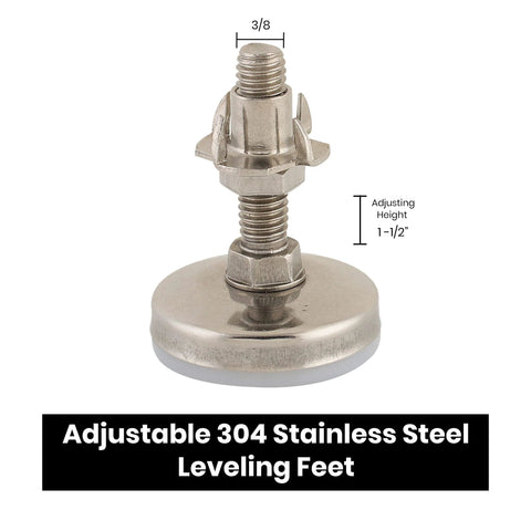 Beefy Stainless Steel Outdoor Leveler Kit showing an adjustable 304 stainless steel leveling foot with dimensions for cabinets and furniture setup