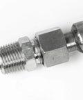 Close-up of 1/2 inch NPT adapter on Half Inch By Thirty Six Inch Stainless Steel Flexible Compressed Air Hose with corrosion resistance fittings.