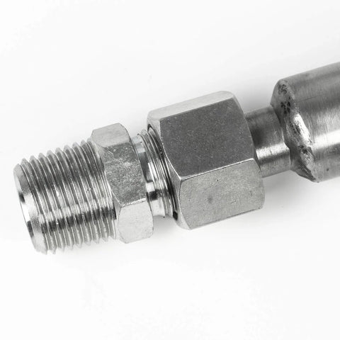 Close-up of 1/2 inch NPT adapter on Half Inch By Thirty Six Inch Stainless Steel Flexible Compressed Air Hose with corrosion resistance fittings.