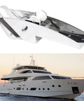 Bow anchor roller bracket, 316 stainless steel, hinged self-launching roller.
Installed view: white yacht bow with anchor roller assembly visible