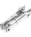 Close-up of stainless steel anchor rotating connector for 6-8mm boat chain; marine-grade 316 deck hardware