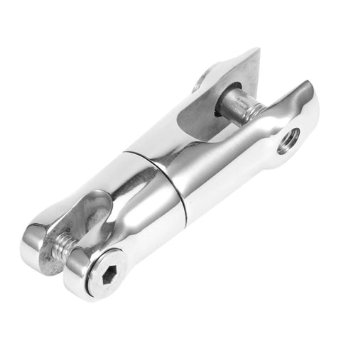 Close-up of stainless steel anchor rotating connector for 6-8mm boat chain; marine-grade 316 deck hardware