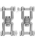 Two front-view 304 stainless steel anchor swivel shackles with rotating rings and M10 bolt pins