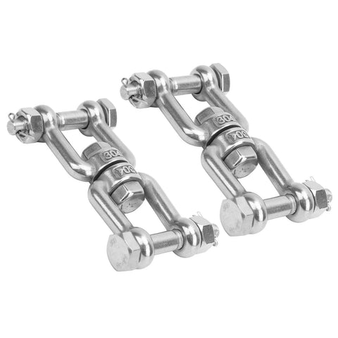 Two 304 stainless steel anchor swivel shackles with rotating rings, M10, marine grade for boat anchoring, front view.