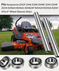 Two Kits Stainless Steel Front Wheel Axle And Bearing Conversion OEM Upgrade For 6 Inch Wheel Sleeves Fits Z Series And RZ Series Lawn Mowers With Beefed Up Rust Resistant Alloy Steel Build, shown with lawn mower.