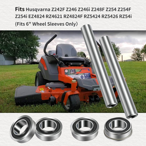 Two Kits Stainless Steel Front Wheel Axle And Bearing Conversion OEM Upgrade For 6 Inch Wheel Sleeves Fits Z Series And RZ Series Lawn Mowers With Beefed Up Rust Resistant Alloy Steel Build, shown with lawn mower.