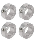 Stainless Steel Axle Shaft Collars With Set Screw Three Eighths Inch Bore Four Piece Kit 304 Stainless Steel shown in a set of four.