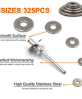 Stainless Steel Backup Rivet Washers Set For Blind Rivets 325 Pcs, featuring smooth surface washers in five sizes with blind rivet detail