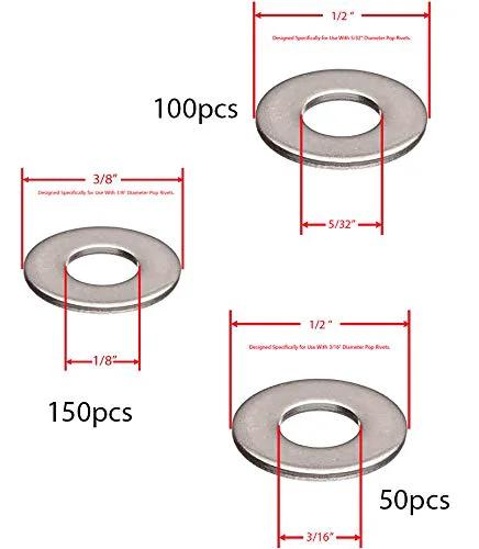 Stainless Steel Rivet Back-Up Washer Kit For 1/8, 5/32, 3/16 Inch Rivets, showing 100, 150, 50 pcs measurements for rivets