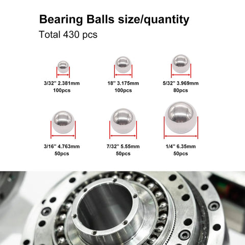 Premium 430 Piece Stainless Steel Ball Assortment Kit with sizes for bearings and auto parts, 1/4 to 3/32 inch, Weideer K086430