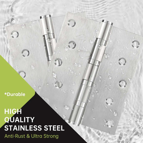 Beefy Heavy Duty Stainless Steel Ball Bearing Door Hinges 5 By 4 Inch 6 Pack shown with water droplets, highlighting rust resistance
