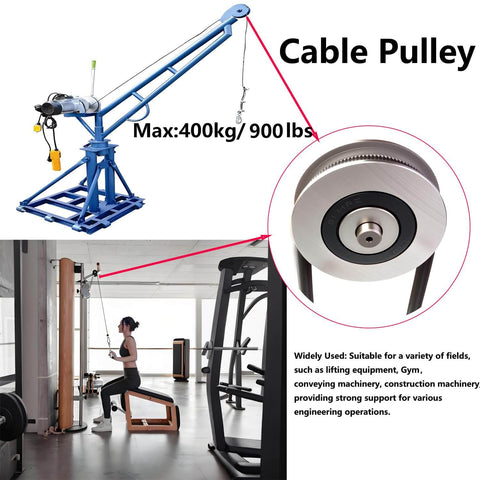 Stainless Steel Deep Groove Ball Bearing Lifting Pulley Wheel For Wire Rope 8mm Inner Diameter 400kg Capacity shown in lifting setup.