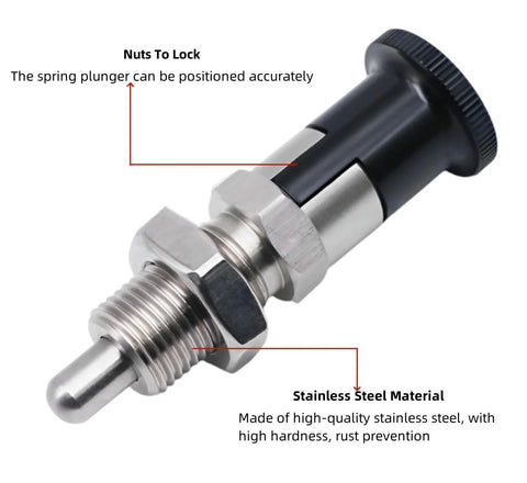 Close-up of Two Pack Push Fit Ball Nose Spring Plunger with M12 x 1.5 Threads in stainless steel showing locking nut and material details.
