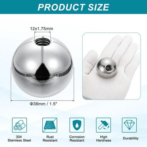 Ball Nuts Knob M12x38mm in 304 stainless steel with M12x1.75 thread, shown with dimensions and features like rust resistance.