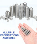 Various sizes of Ball Point Set Screws M4x6mm 304 Stainless Steel Hex Socket Spring Ball Point Grub Screws displayed in hand