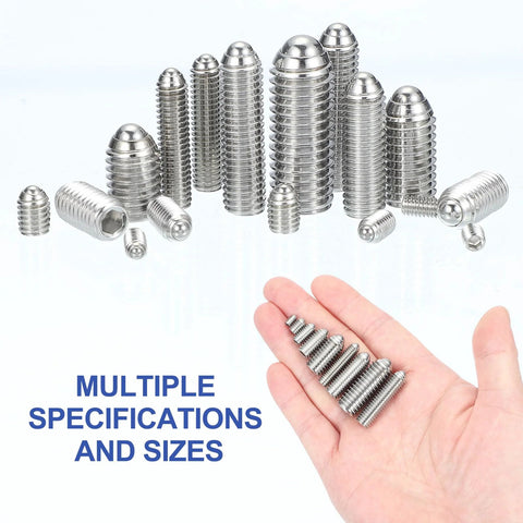 Various sizes of Ball Point Set Screws M4x6mm 304 Stainless Steel Hex Socket Spring Ball Point Grub Screws displayed in hand
